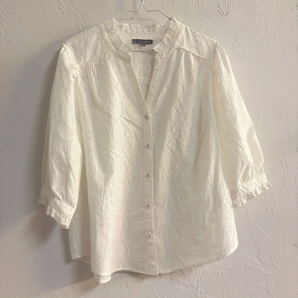 Wit & Wisdom Womenβs Blouse L White Solid Collared Eyelet Ruffle Button 3/4Slv